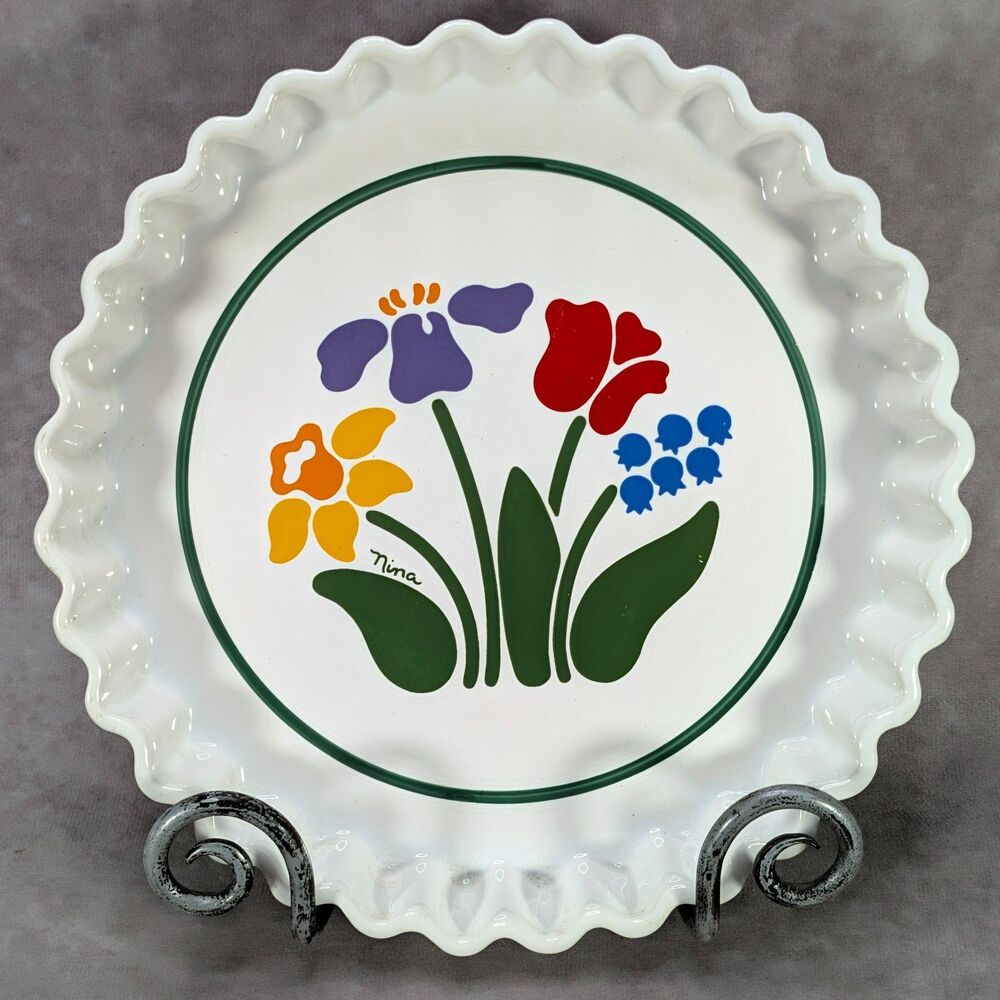 Vintage Nina Ceramic Fluted Pie Pan Quiche Tart Baking Dish 10 Inch Floral Art